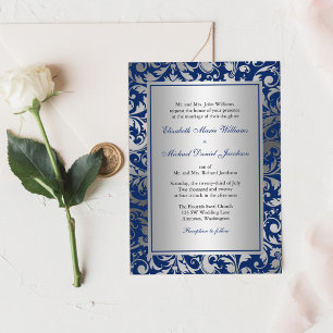 Invitación Boda de Swirls Navy Blue and Silver Damask