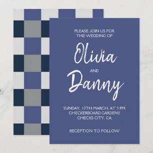 Invitación Boda de tablero de ajedrez azul marino gris blanco
