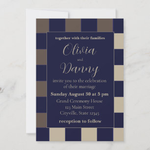 Invitación Boda de tablero de ajedrez marrón azul oscuro