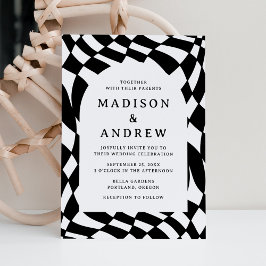 Invitación Boda de tablero de ajedrez retro en blanco y negro