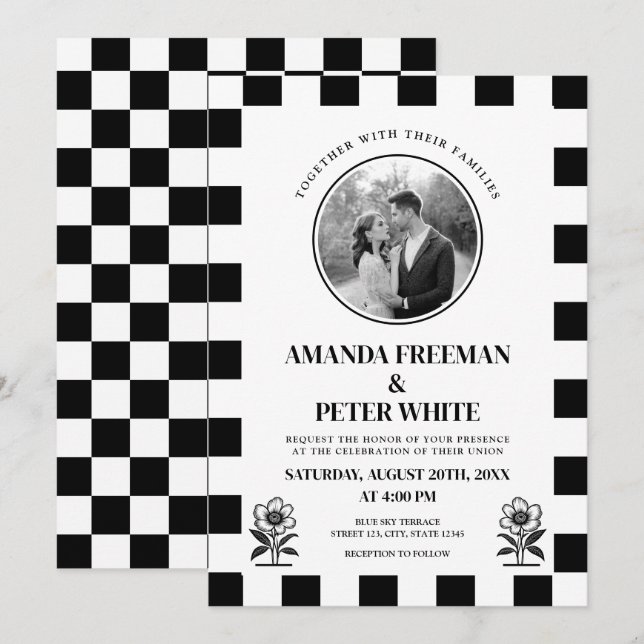 Invitación Boda de tablero de moda negro y blanco (Anverso / Reverso)