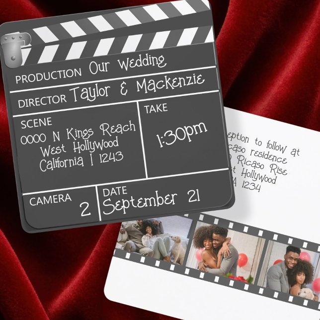 Invitación Boda de tablero de novedad personalizado de pelícu (Novelty Personalized Movie Clapperboard Wedding Invitation by Ricaso. For the actor or film fan.)