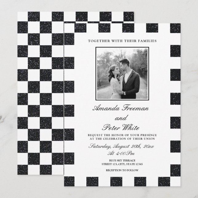 Invitación Boda de tablero de Purpurina blanco y negro brilla (Anverso / Reverso)