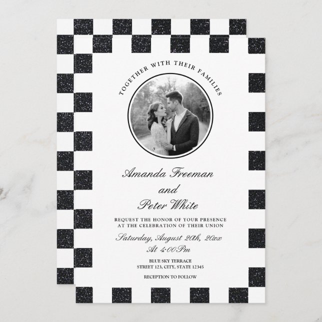 Invitación Boda de tablero de Purpurina blanco y negro brilla (Anverso / Reverso)