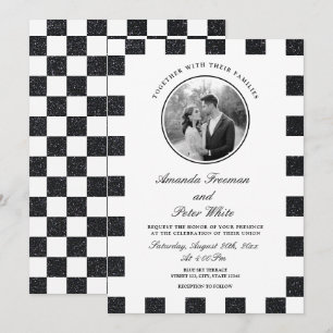 Invitación Boda de tablero de Purpurina blanco y negro brilla