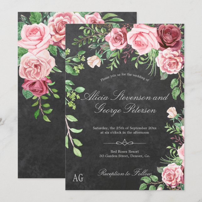 Invitación Boda de tablero de recortes de monograma de rosas  (Anverso / Reverso)