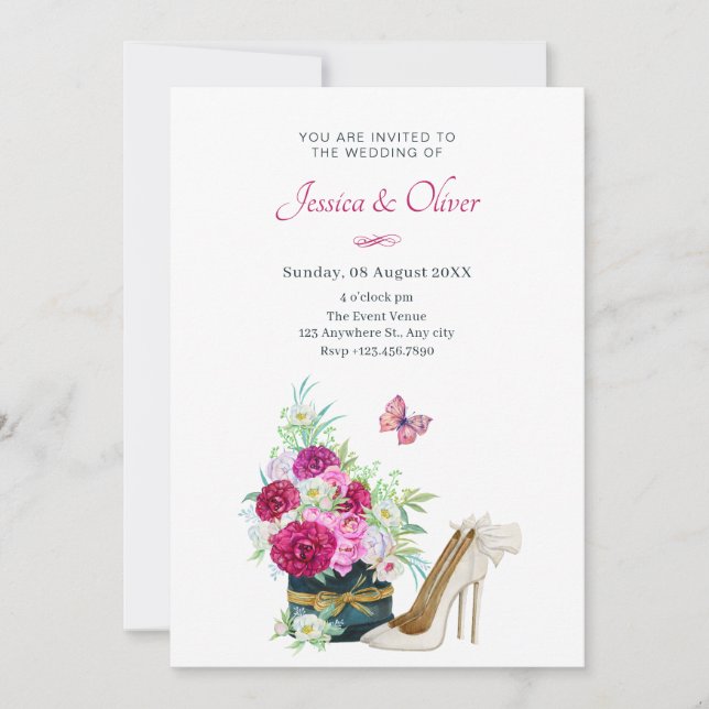 Invitación Boda de tacones de ramo floral (Anverso)
