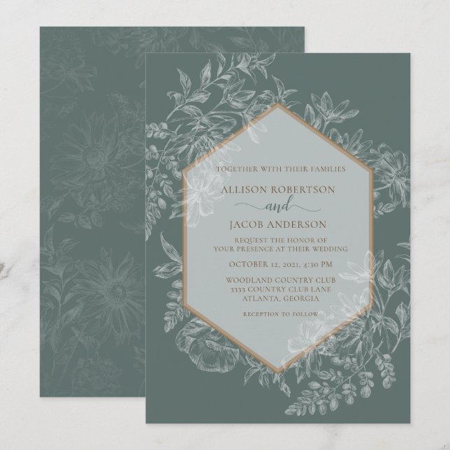 Invitación Boda de Tapices Florales Geométricas de Sage Green (Anverso / Reverso)