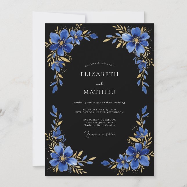 Invitación Boda de Tarde Azul Real Dorado (Anverso)