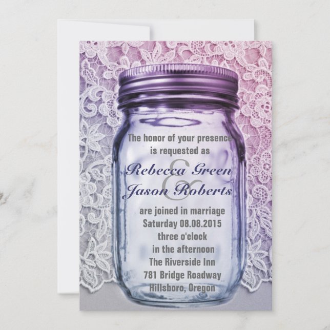 Invitación boda de tarro de albañil púrpura de encaje de camp (Anverso)