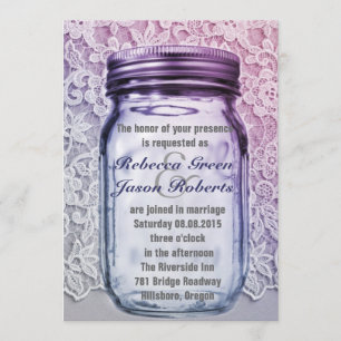 Invitación boda de tarro de albañil púrpura de encaje de camp