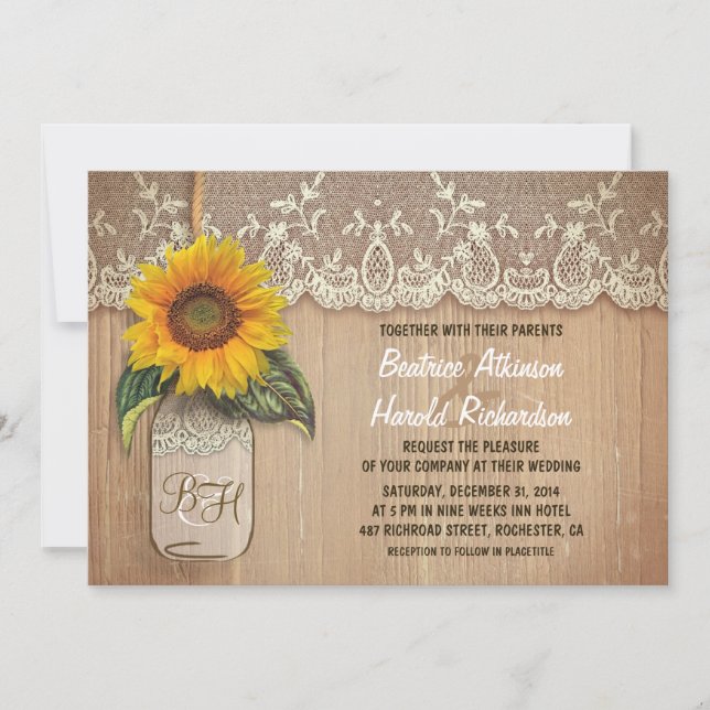 Invitación boda de tarro de girasol rústico vintage (Anverso)