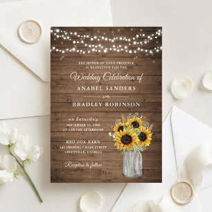 Invitación Boda de tarro de mason de girasoles de madera rúst