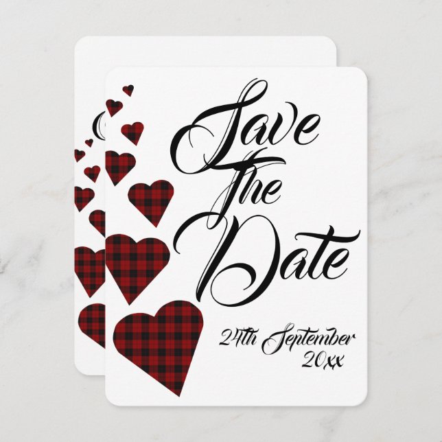 Invitación Boda de Tartán Rojo Guardar la Fecha (Anverso / Reverso)
