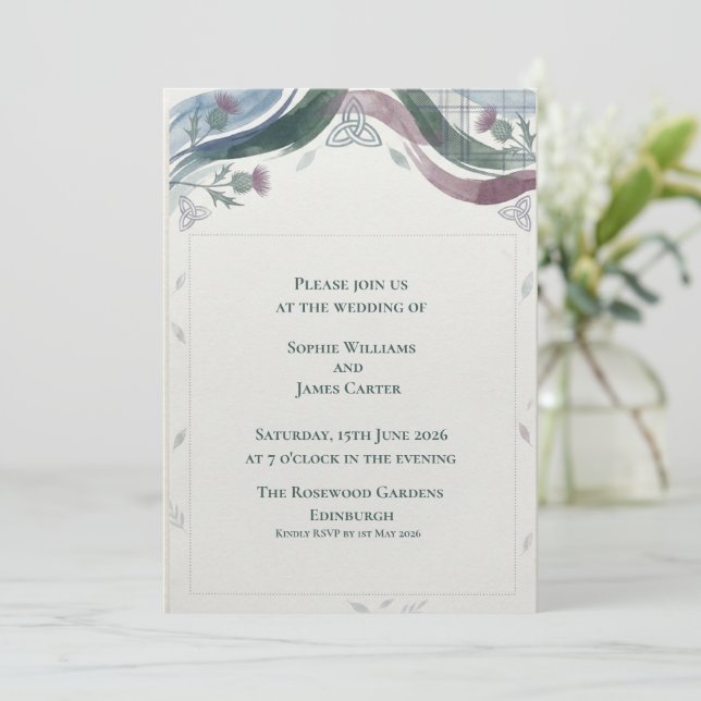 Invitación Boda de Tartán Thistle Celta Escocés (Anverso de pie)