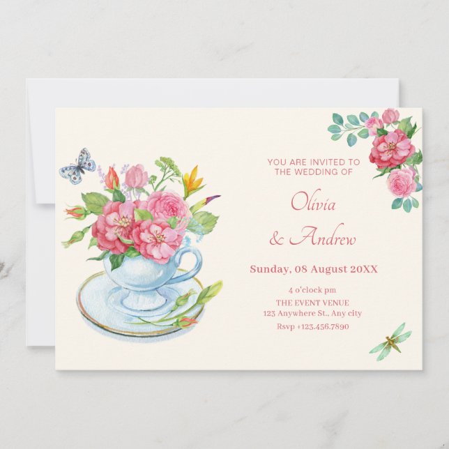Invitación Boda de taza de té floral (Anverso)