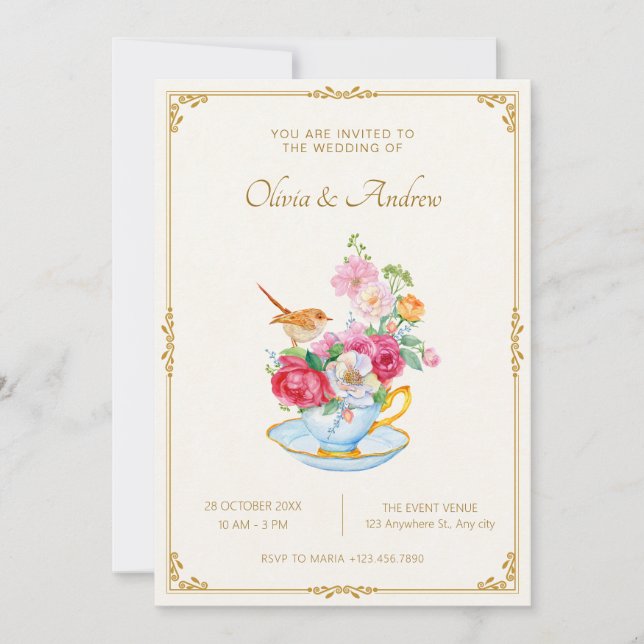 Invitación Boda de té estético con ramo de flores (Anverso)