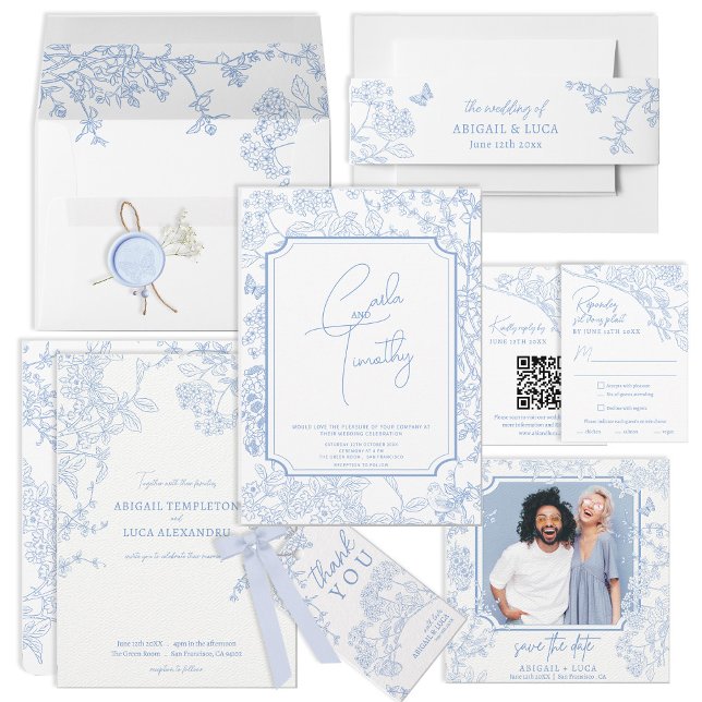 Invitación Boda de tela de la Chinoiserie azul Save Date Phot (Subido por el creador)