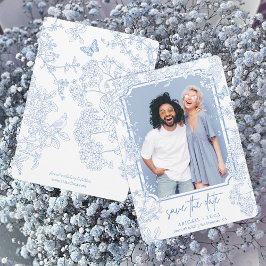 Invitación Boda de tela de la Chinoiserie azul Save Date Phot