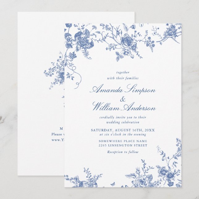 Invitación Boda de tela del jardín francés azul victoriano (Anverso / Reverso)