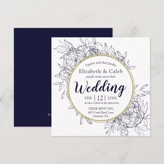 Invitación Boda de tela floral moderna de Navy Blue & Gold Pe (Anverso / Reverso)