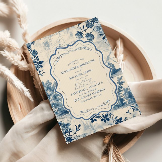 Invitación Boda de tela francesa azul y agitado de Victoria (Subido por el creador)