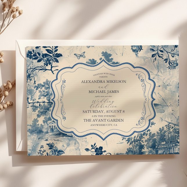 Invitación Boda de tela francesa azul y agitado de Victoria (Subido por el creador)