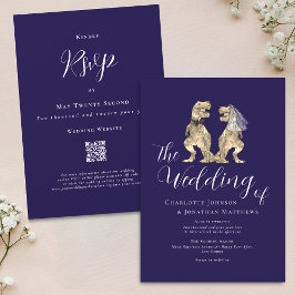 Invitación Boda de tema de dinosaurios Código QR blanco azul