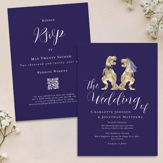 Invitación Boda de tema de dinosaurios Código QR blanco azul (Dinosaur theme wedding navy blue and white QR code invitation Elegant modern script )