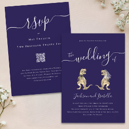 Invitación Boda de tema de dinosaurios Código QR blanco azul