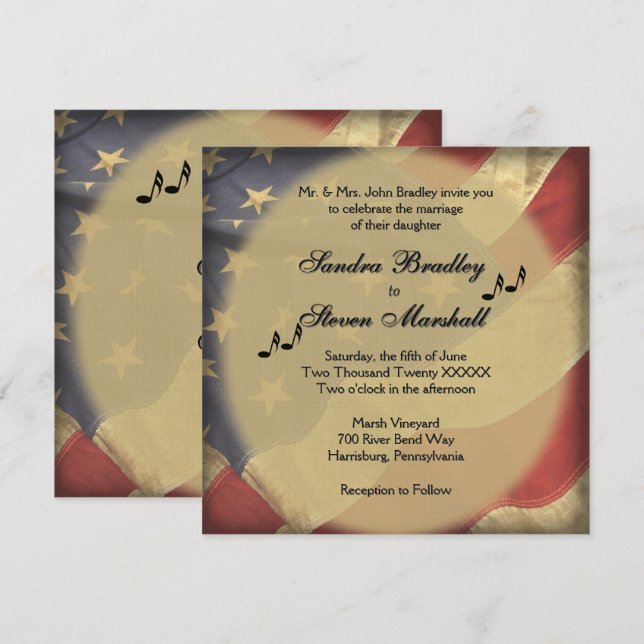 Invitación Boda de tema musical plano de los Estados Unidos (Anverso / Reverso)