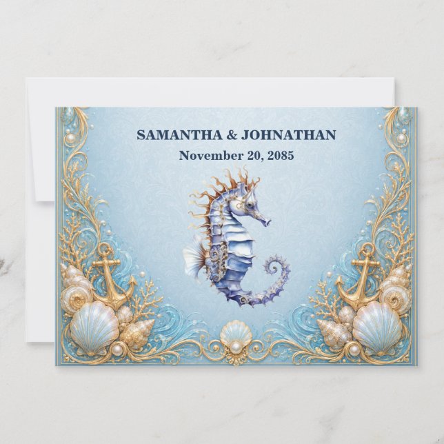 Invitación Boda de tema náutico con caballito de mar de lujo (Anverso)