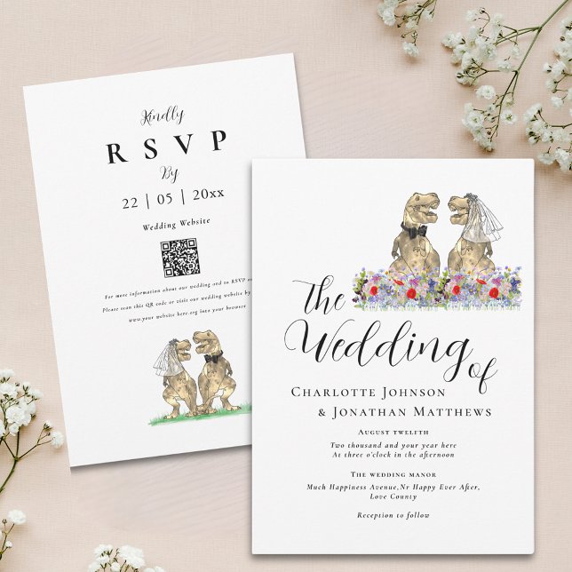 Invitación Boda de temas de Boho Wildflower Dinosaur (Boho wildflower dinosaur wedding invitation with elegant script watercolor florals and qr code)