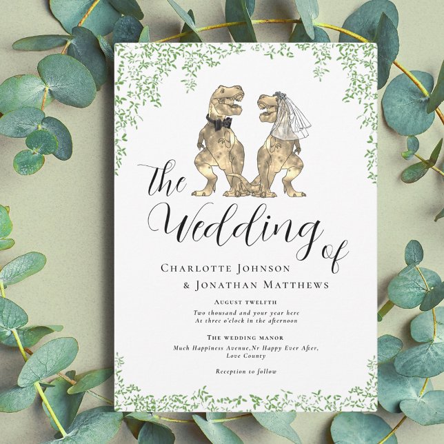 Invitación Boda de temas de dinosaurio (Dinosaur them wedding with watercolor eucalyptus foliage invitation)