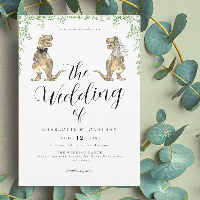 Invitación Boda de temas de dinosaurio (Dinosaur them wedding invitation with watercolor botanical foliage)