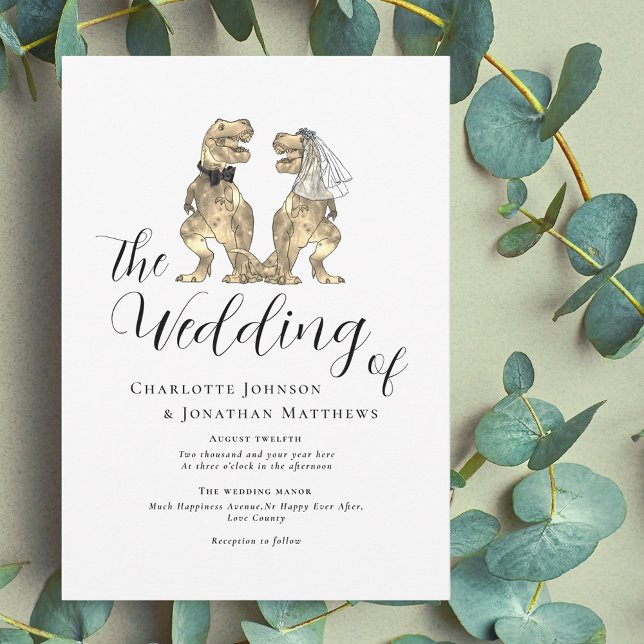 Invitación Boda de temas de dinosaurio (Dinosaur wedding elegant modern script invitation funny T-Rex dino bride and groom)