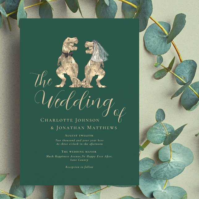 Invitación Boda de temas de dinosaurio (Dinosaur wedding dark green invitation Fun T-Rex din bride and groom elegant modern script )
