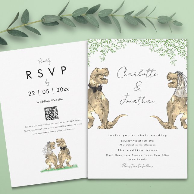 Invitación Boda de temas de dinosaurio (Boho botanical dinosaur wedding invitation with qr code)
