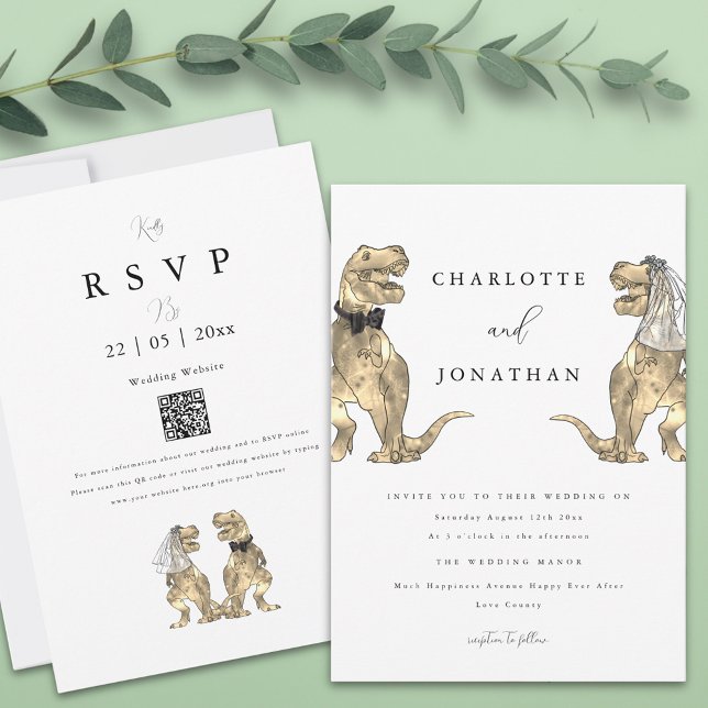 Invitación Boda de temas de dinosaurio código QR (T-Rex bride and groom funny dinosaur wedding qr code invitation )
