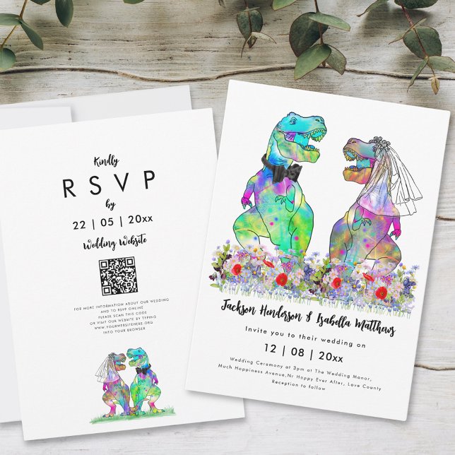 Invitación Boda de temas de dinosaurios Código QR (Dinosaur wedding inviation colorful funny T-Rex bride and groom with wildflowers)