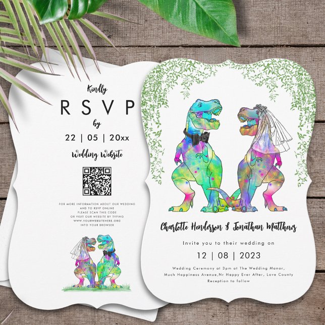 Invitación Boda de temas de dinosaurios Código QR (Colorful dinosaur wedding invitation with T-Rex bride and groom and online RSVP website QR code)