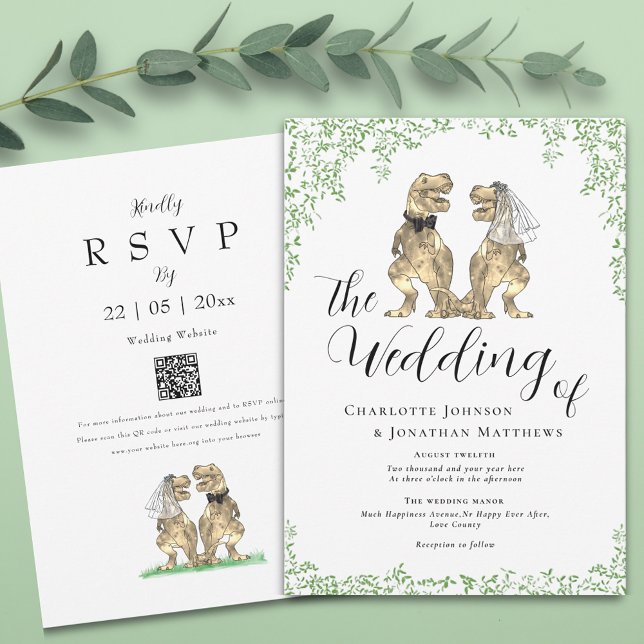 Invitación Boda de temas de dinosaurios Código QR (Botanical dinosaur wedding invitation with elegant script  watercolor eucalyptus foliage and qr code)