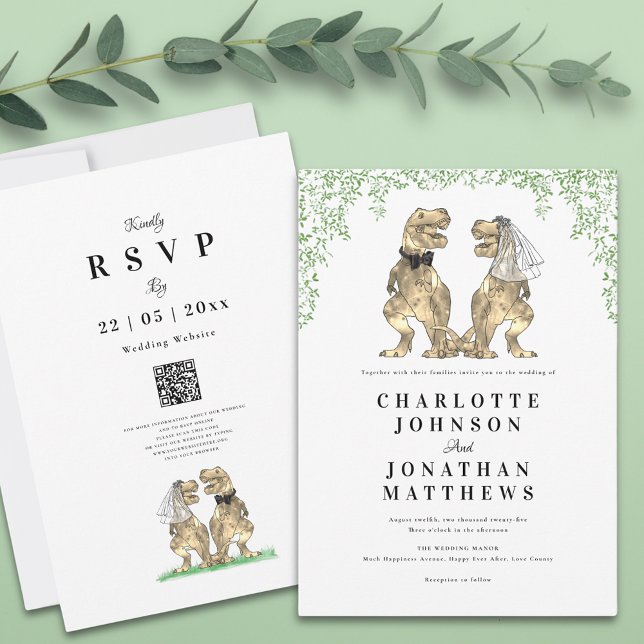 Invitación Boda de temas de dinosaurios Minimalistas modernos (Botanical dinosaur theme wedding invitation with qr code and T-Rex bride and groom)