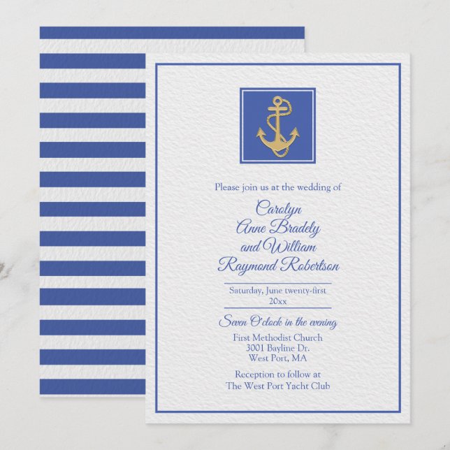 Invitación Boda de temas náuticos azules y blancos (Anverso / Reverso)