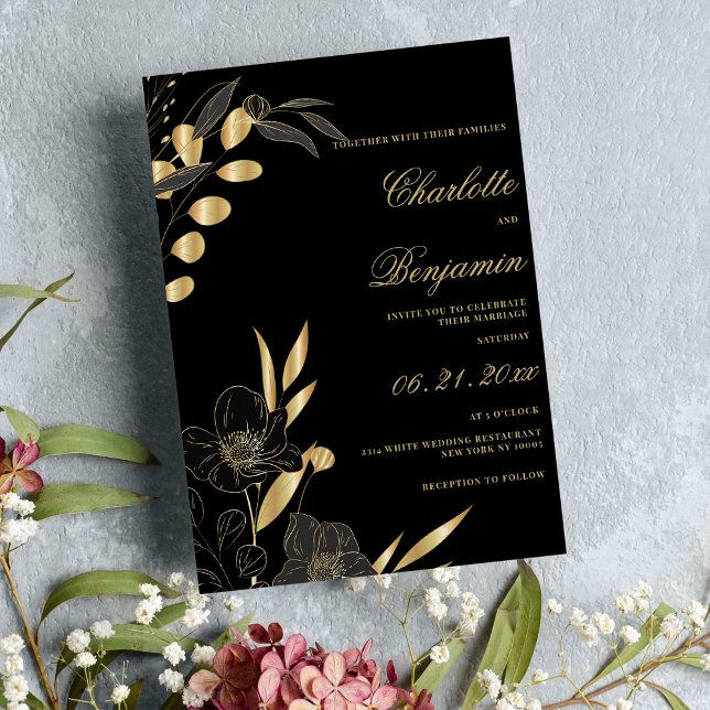Invitación Boda de temática floral elegante y dorada de lujo (Luxury gold black elegant floral theme wedding)