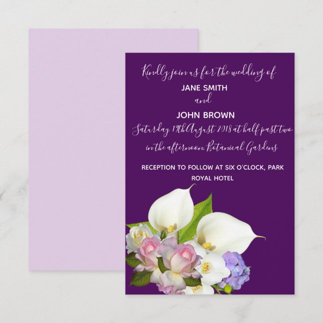 Invitación Boda de temática floral y violeta pastel (Anverso / Reverso)