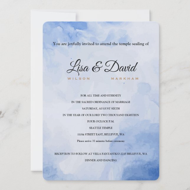 Invitación Boda de templo y la recepción Invite-Azul acuarela (Anverso)