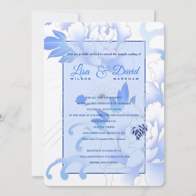 Invitación Boda de templo y recepción invitan a las peonías a (Anverso)