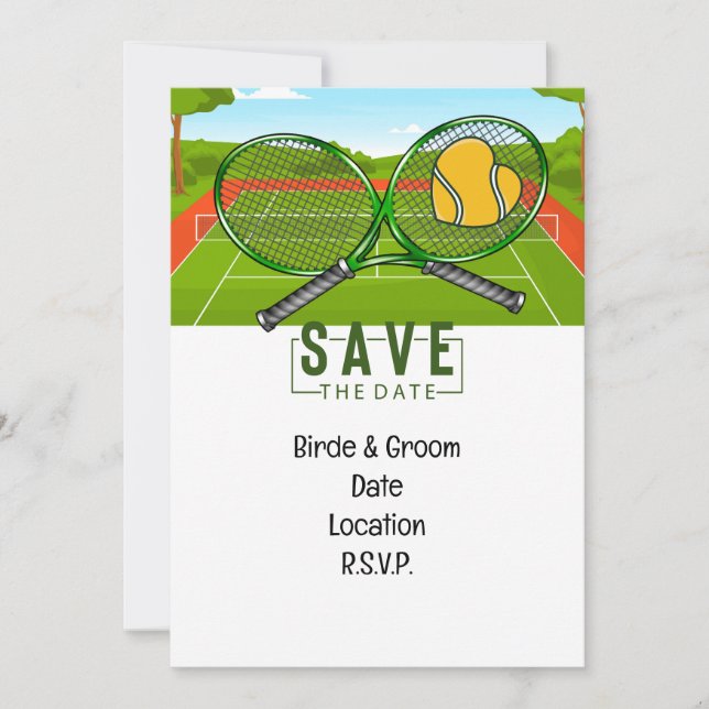 Invitación Boda de tenis Salve la fecha con pelota y raqueta (Anverso)