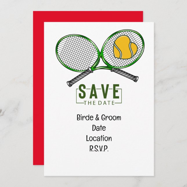 Invitación Boda de tenis Salve la fecha con pelota y raqueta (Anverso / Reverso)